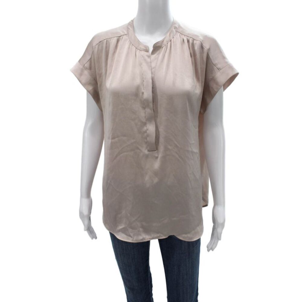 R Label Womens Basic Henley Blouse Beige Button Polyester Short Sleeve Size S